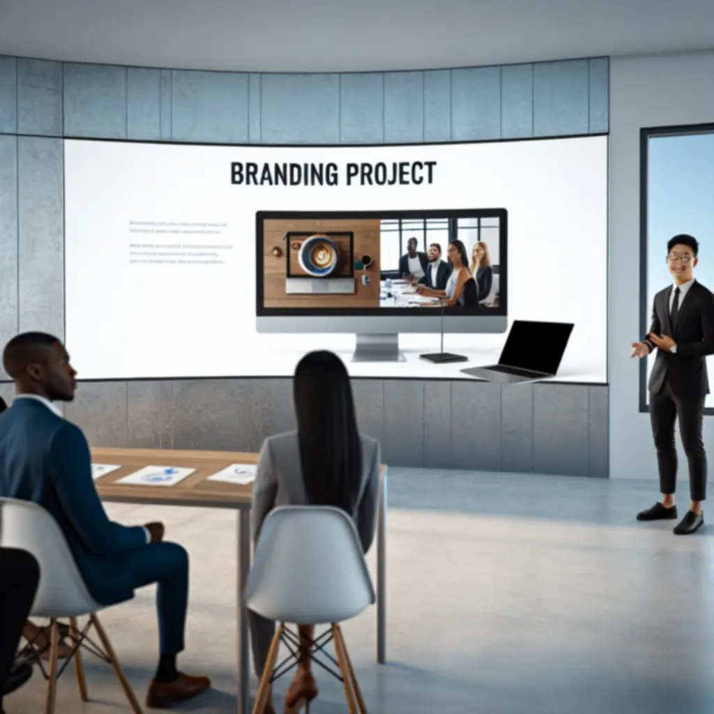 Projectpresentatie van een brandingtraject op een monitor