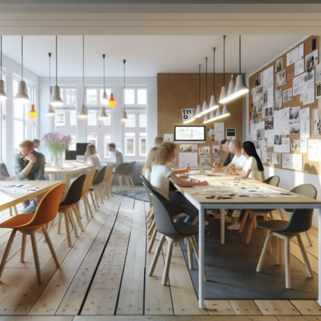 Creatief ontwerpbureau in overleg over merkidentiteit aan een grote tafel